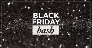 white letters that say black friday bash with black glitter in the background