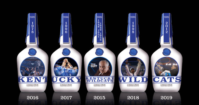Maker's Mark: line of white bottles with blue wax and pictures on them