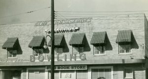 Kennedy's Bookstore: a black and white photo of a bowling and bookstore