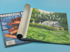 two magazines with a blue background